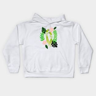 Green parrots and pink hibiscus flowers Kids Hoodie